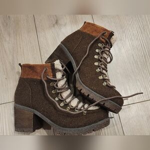 Women’s Brown Faux-Shearling Lace-Up Block Heel Boots